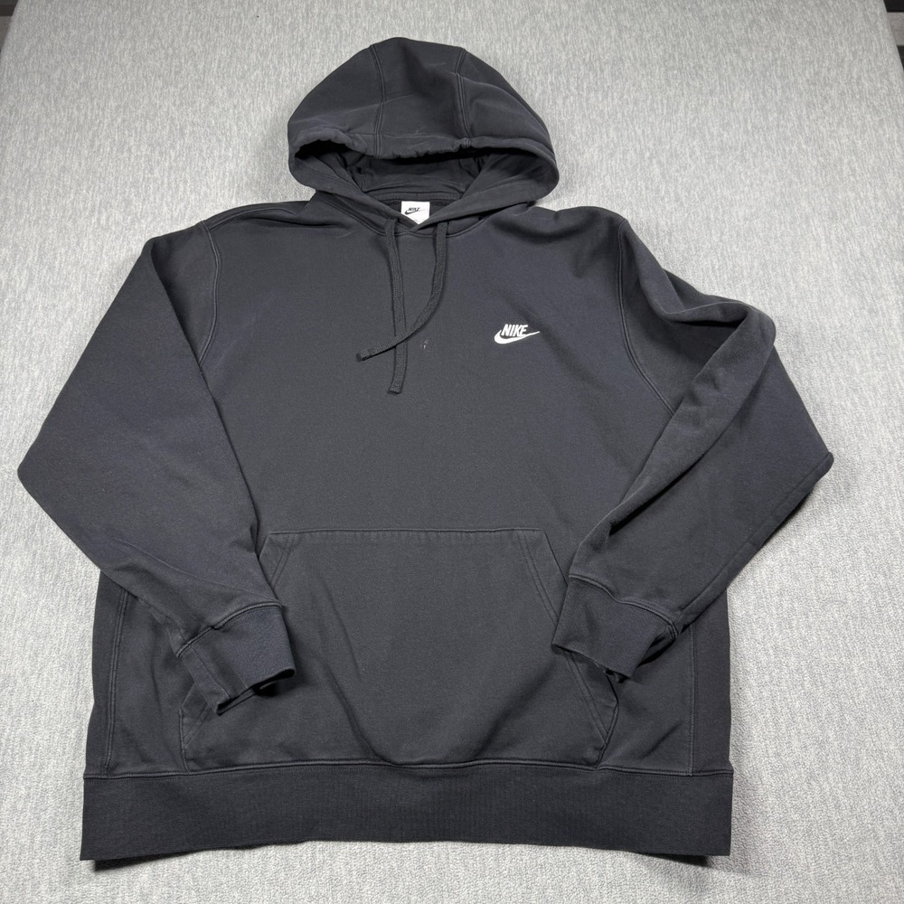 Nike Hoodie Men 2XL Black White Swoosh Pullover Fleece Pocket Warm Sweatshirt